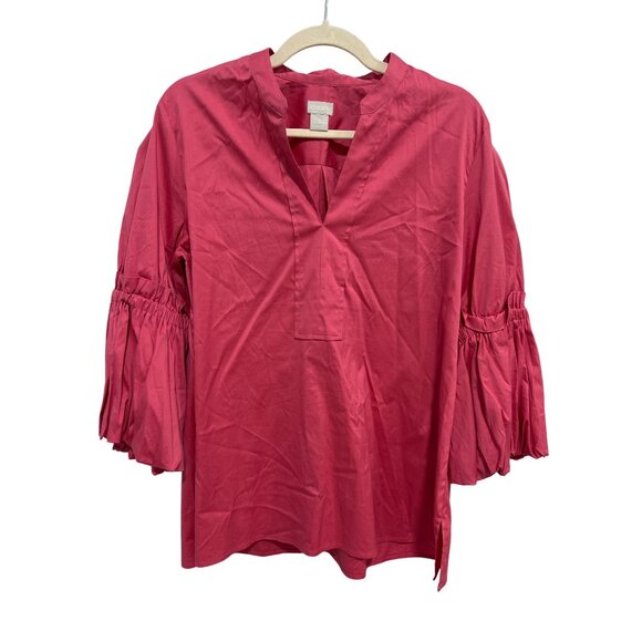 Chicos Popover Blouse Size 12 V Neck Ruffle Sleeve Pink Feminine Career Business - Picture 2 of 8